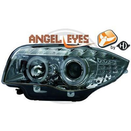H1/H1 Headlights CHROME with Angel Eyes + Indicator LED fit for BMW 1er E81 E82 E87 E88