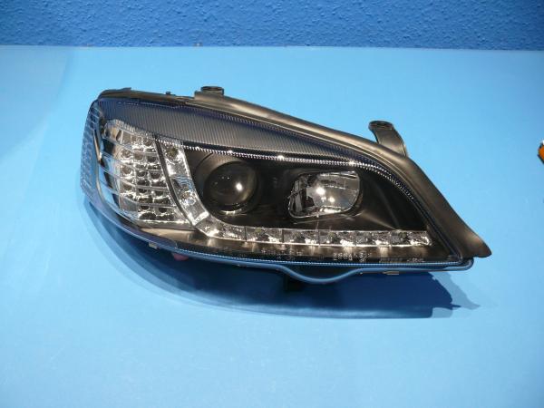 H1/H1 Headlights with LED stripes BLACK fit for Opel Astra G