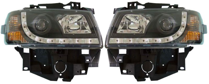 H1/H1 Scheinwerfer klar/schwarz mit Tagfahrlicht Optik passend für VW T4 Caravelle/Multivan 96-03