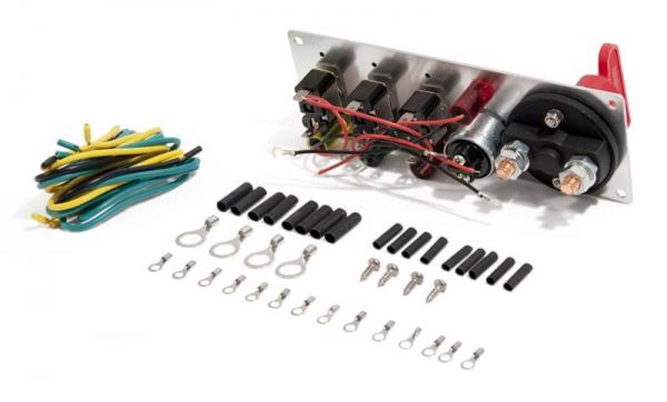Panel with battery master switch, ignition -ON/OFF- 3 pcs flip switches + -START/STOP- switch, for Motorsport